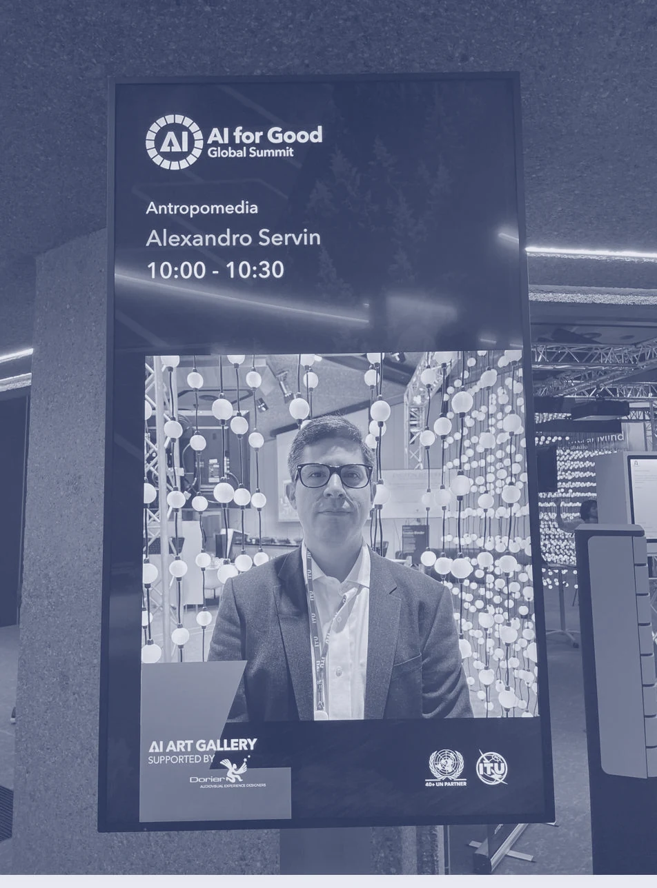 Alex Servin en el cartel digital de AI for Good Global Summit en Ginebra