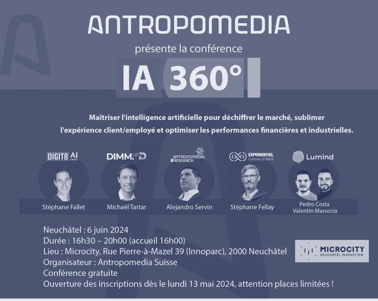 Cartel de la conferencia «IA 360°» de Antropomedia en Microcity, Neuchâtel, con Alejandro Servin como ponente